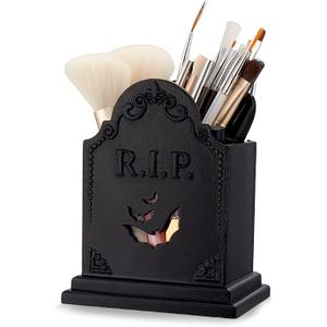 Gueevin Gothic Makeup Brush Holder Tombstone Wooden Pen Holder Spooky Christmas Decor Witchy Home Bathroom Decor Office Brushes Organizer for Desk Gothic Gifts for Women Vanity Accessories