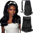 VAVANGA 6PCS Half Up Half Down Ponytail Set, 3 in 1 Kinky Straight Clip in Wrap Ponytail Hairpiece Black 16inch Long Thick Yaki Pony Tail with Clip in Hair Pieces for Women - #1B, 16"