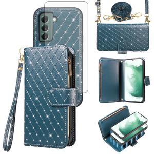 Compatible with Samsung Galaxy S22 Plus S22+ 5G Wallet Case Zipper Cell and Screen Protector Crossbody Strap Glitter Flip Card Holder Phone Cover for S22+5G S22plus 22S + S 22 22+ Women Dark Green