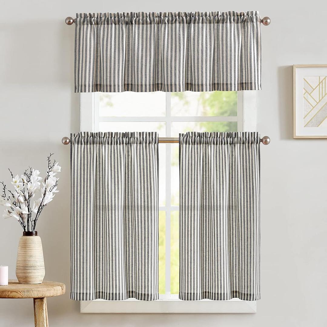 jinchan Striped Kitchen Curtains and Valance Set 24 Inch Tier Curtains Ticking Stripe Linen Small Drapes Pinstripe for Cafe Living Room Bathroom Farmhouse 3 Pieces Set Rod Pocket Black (26"W x 24"L (Pack of 3))