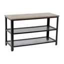 HBCY Creations Weathered Wood Solid Pine Wood 3-Tier Entryway Shoe Rack Bench with Metal Mesh Shelves, for Entryway, Mudroom, or Bedroom, and More!