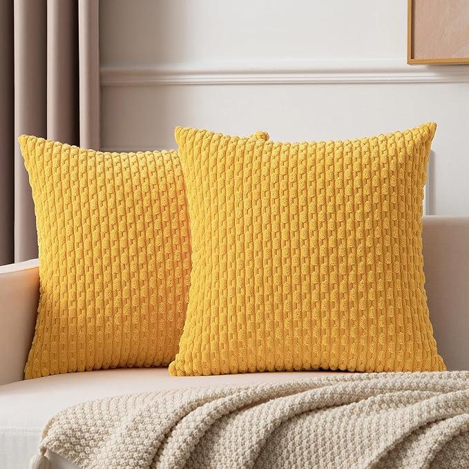 Kevin Textile Throw Pillow Covers Soft Corduroy Decorative Set of 2 Boho Striped Pillow Covers Pillowcases Farmhouse Home Decor for Couch Bed Sofa Living Room 24x24 Inch