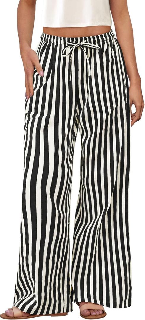 PRETTYGARDEN Women's Wide Leg Lounge Pants Spring Summer Drawstring Elastic Waist Comfy Striped Pajama Bottoms Trendy Clothes (S)