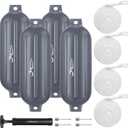 Boat Fenders 4 Pack 8.5 x 27 Inches Ribbed Twin Eyes Boat Fenders Bumpers for Docking, Comes with Ropes and Pump to Inflate