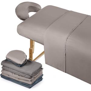 Kinlop 3 Sets Microfiber Massage Table Sheet Set 3 Colors 3 Piece Set Includes Massage Flat Sheet Fitted Sheet and Massage Face Rest Cover Stain Wrinkle-Resistant(Purple Gray, Dark Gray, Khaki)