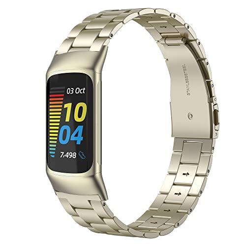 Wearlizer Compatible with Fitbit Charge 5 Bands for Women Men, Classic Stainless Steel Ultra-Thin Lightweight Replacement Straps Charge 5 Bands(Soft Gold)