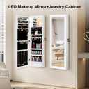 Mirror Jewelry Cabinet, Wall/Door Mounted Jewelry Armoire with Full-Length Mirror, Hanging Jewelry Organizer with LED Interior Lights, White
