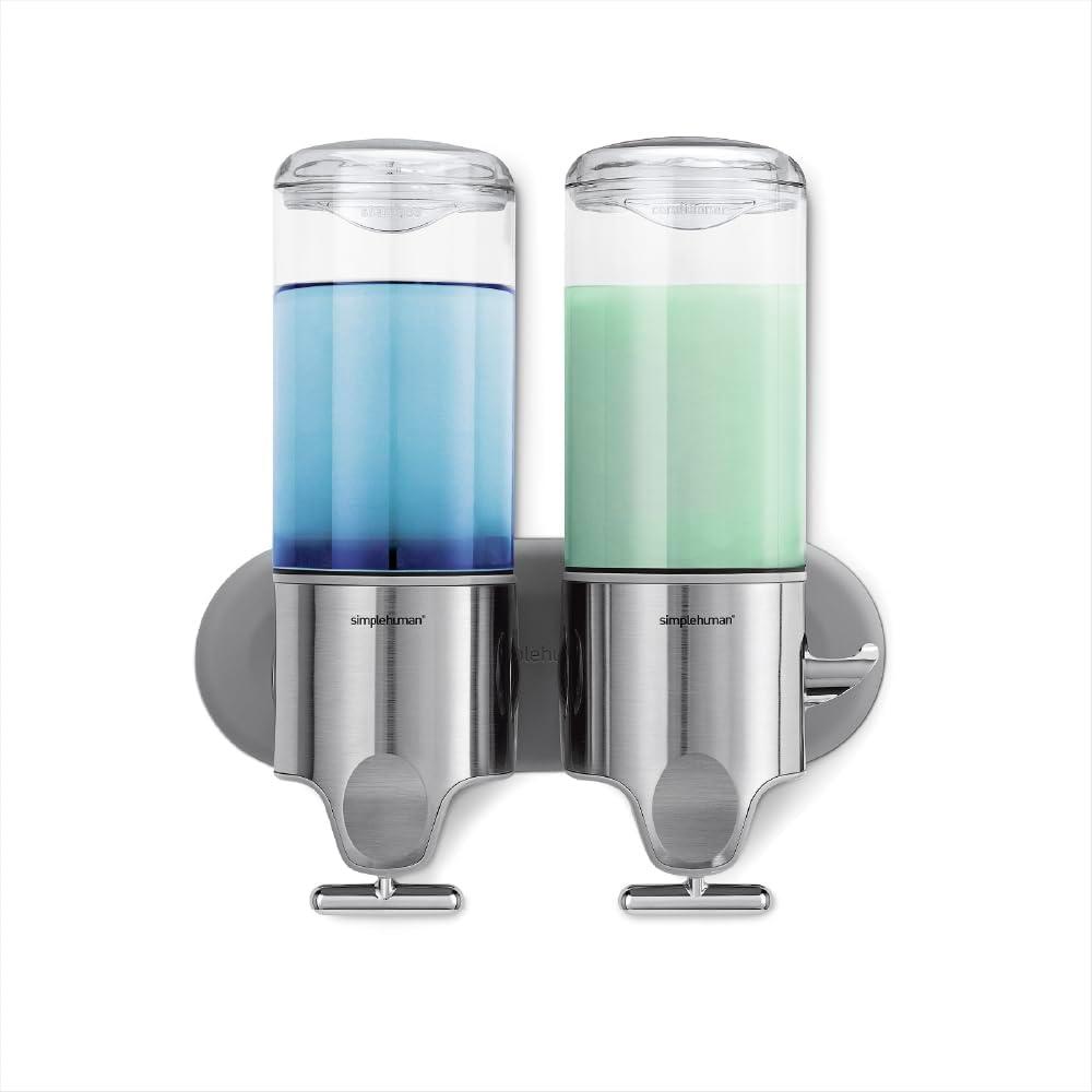 simplehuman Wall Mount Pumps, Twin 15 fl. oz. Shampoo & Soap Dispenser, Stainless Steel (Double)