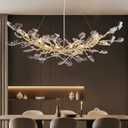 Modern Crystal Chandeliers for Dining Room - L55 inch Gold Tree Branches Ginkgo Leaf Chandelier for Living Room Kitchen Island, Rectangular High Ceiling Hanging Pendant Light Fixture