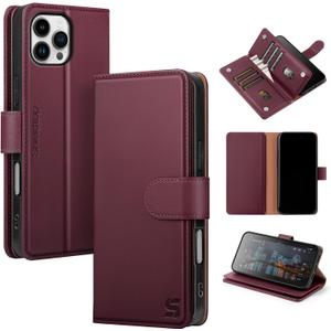 Compatible with iPhone 16 Pro Max Wallet Case with Card Holder,Women Men RFID Blocking PU Leather Folio Flip TPU Protective Cover Credit Card Slots,Phone Case for Apple 16 Pro Max,Wine Red