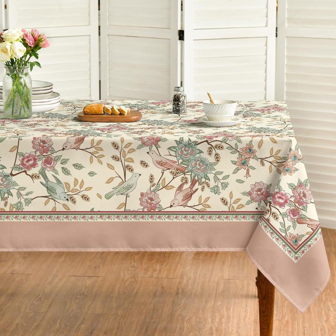 Horaldaily Floral Rectangular Tablecloth 60x84 Inch, Pink Birds Elegant Vintage Washable Seasonal Table Cover for Party Picnic Dinner Decor
