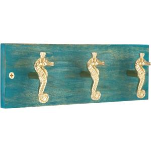 Coastal Wall Mounted Coat Rack with 3 Polished Brass Seahorse Hooks for Hanging, Distressed Hook Rail for Hat & Coats, Nautical Beach Themed Organizer for Entryway & Bathroom