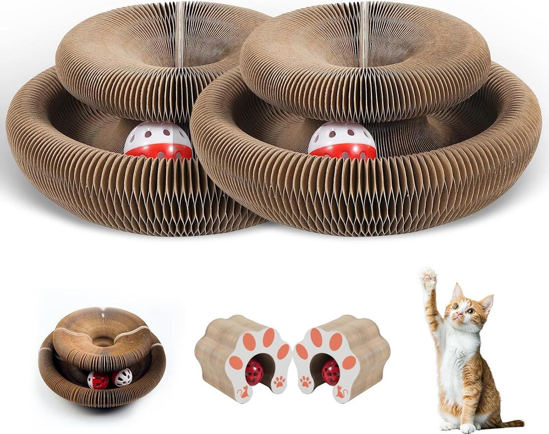 2pcs Kitty Kurlz Cat Toy - Foldable Accordion Cat Scratching Board with Bell Ball - Interactive Cardboard Scratcher cat Toys for Engaging Play