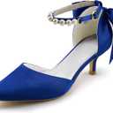 Coutgo Womens Pearl Ankle Strap Pumps Low Kitten Heel D'Orsay Satin Back Tieknot Heels Pointed Toe Wedding Party Dress Shoes (Blue) Size 7
