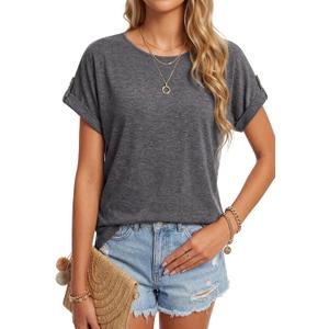 KIFOVEN Womens Summer Tops Short Sleeve Tunic T-Shirt Dressy Casual Blouse Side Split Round Neck Tee Shirts (Gray)