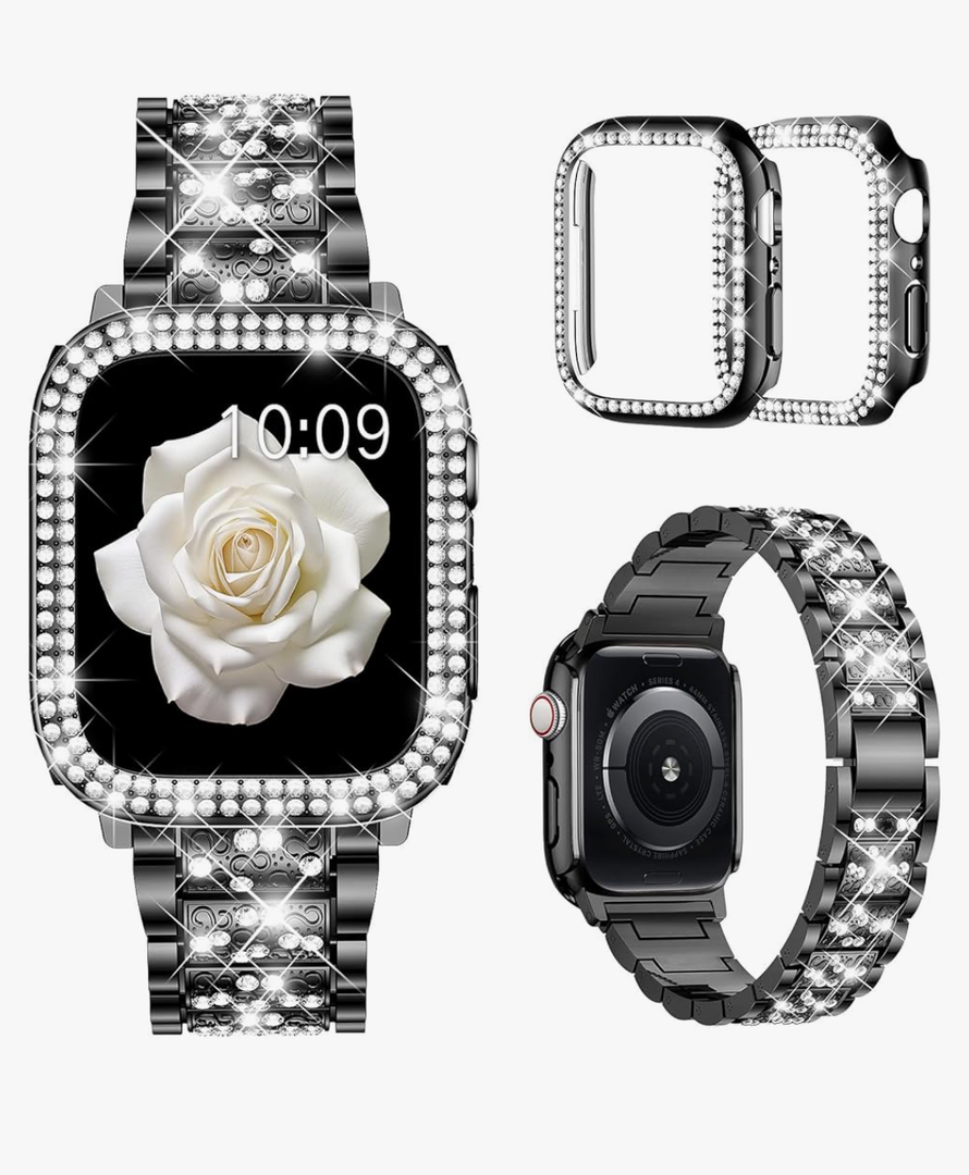 Mosonio Compatible with Apple Watch Band 38mm 40mm 41mm 42mm 44mm  with 2 Pack Case Women, Jewelry Replacement Metal Bands Strap with Bling PC Protective Case for iWatch Ultra SE Series 11/10/9/8/7/6/5/4/3/2/1