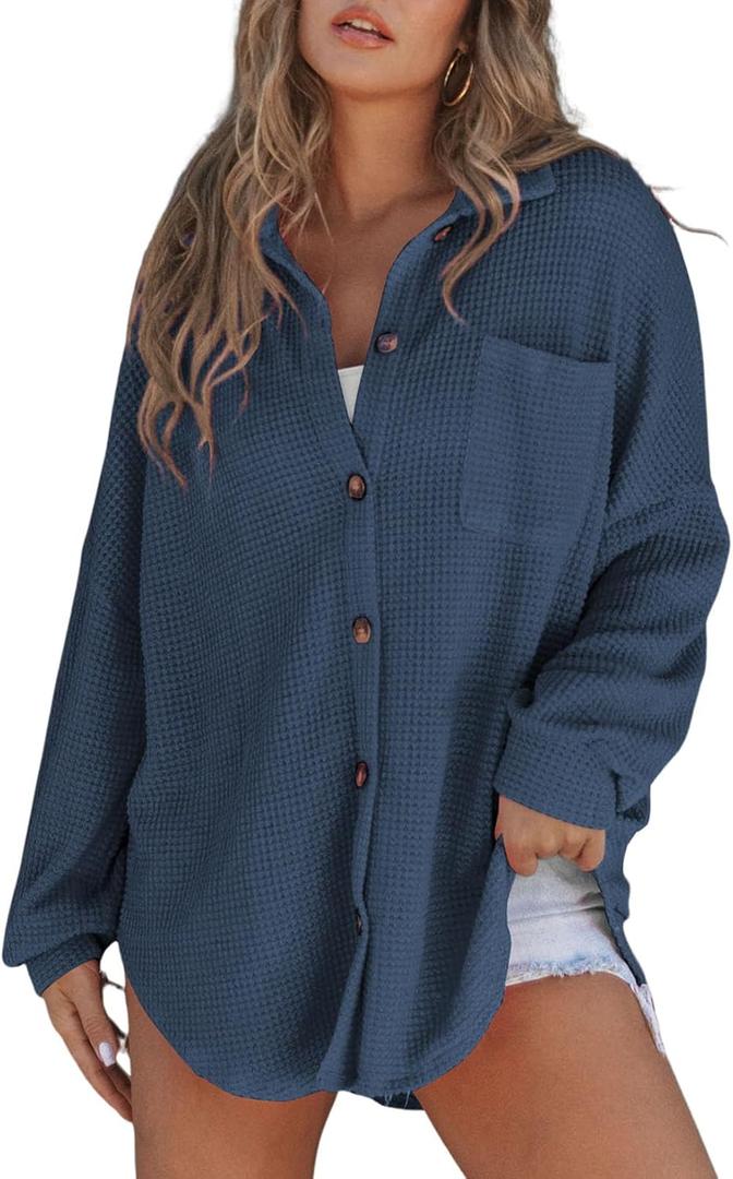 SHEWIN Women's Waffle Knit Button Down Shirts Casual Long Sleeve Shacket Jacket Boyfriend Tops Blouses Loose Fit (B Navy Blue)
