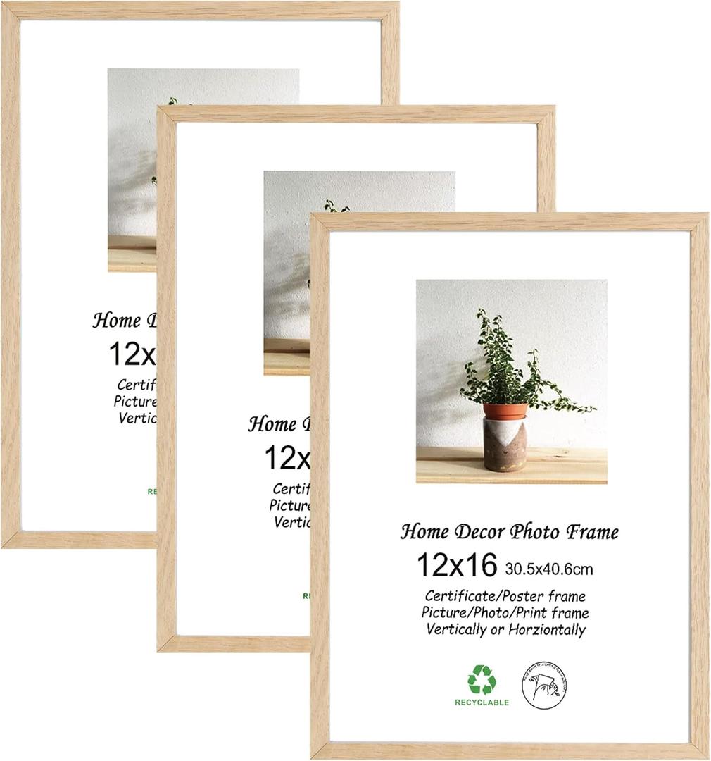 LYYYXGYP 12x16 Picture Frame Set of 3, Natural Solid Oak Wood Frame 12 by 16 Poster Frame with Plexiglass for Wall Hanging
