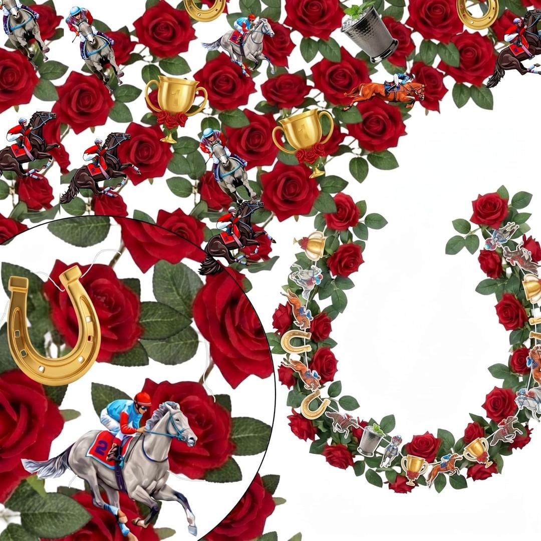 Riceshoot 5 Pack Horse Racing Decorations 32 ft Red Roses Garlands Derby Party Decorations 9.84 ft Horse Racing Banner Artificial Flowers Run for The Roses Garlands Craft Derby Day Party Supplies