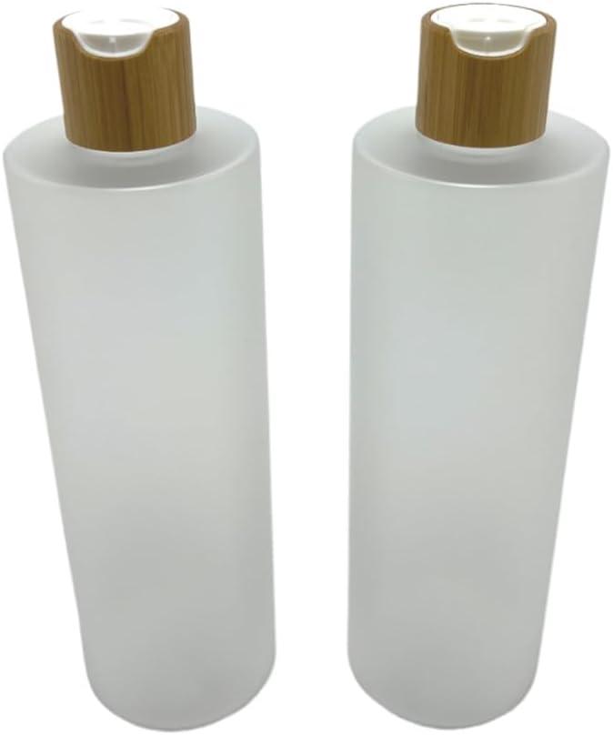 Empty Cosmetic Bottles 16oz/500ml 2 Pack with Bamboo Disc Top Flip Cap for Shampoo Lotion Liquid Soap,Cream,Refilable Plastic Squeeze Travel Size Toiletry Bottles (500ml+500ML, Frost Clear)