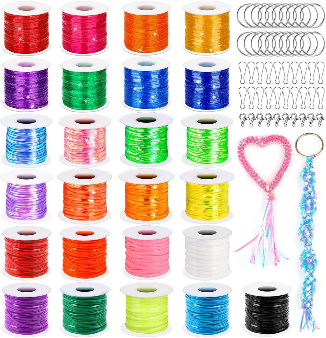 Cridoz Lanyard Kit, Boondoggle & Gimp String Weaving Kit with 25 Rolls Plastic Lacing Cord, 50 Pcs Keychain Lanyard Accessories
