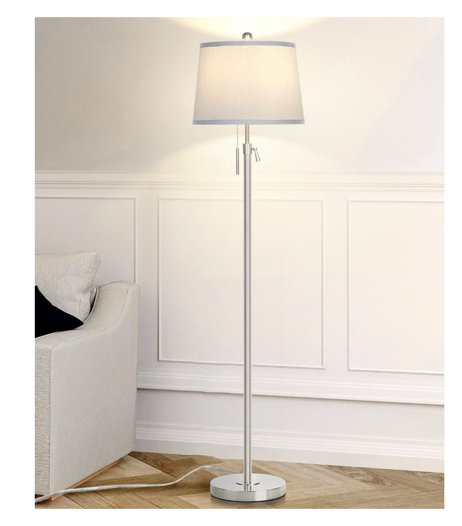 JUNNAI Floor Lamp for Living Room,Adjustable Height Standing Lamp,Dimmable Modern Floor Lamps for Bedroom Office Tall Floor Lights with Pull Chain Bulb IncludedSilver Gray Shade