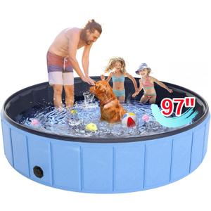 Giant Dog Pool 97"x16", Hyperzoo Foldable Dog Swimming Pool, Hard Plastic PVC Leakproof Doggie Wading Collapsible Pet Bathing Tub for Puppy Small Medium Large Dogs and Kids, Blue