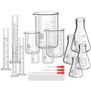 Frienda 50/100/250/500/1000ml Lab Glassware Include Graduated Cylinder, Glass Beaker Set, Glass Dropper, Stirring Rod, Measuring Cups for Laboratory Science Chemistry Supplies (20 Pcs)