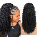 Curly Drawstring Ponytail Extension for Black Women 16 Inch Afro Kinky Curly Ponytail Drawstring Hair Extensions Synthetic Pony Tails Hairpiece for Daily Use(1B)