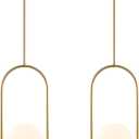 BYOLIIMA Modern Gold Globe Pendant Light Mid Century Chandelier 1-Light Brushed Brass Ceiling Hanging Lighting Fixture with White Globe Glass Lampshade for Kitchen Island Dining Room Bedroom (2 Pack)