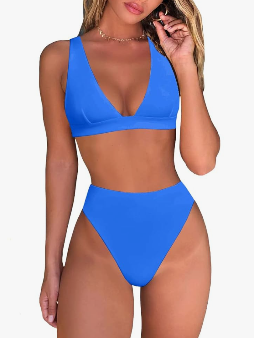 Womens High Waisted Thong Bikini Sets Sexy Brazilian Triangle Top Deep V Neck Two Piece Swimsuit Bathing Suits Size M