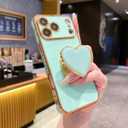 Cute Case for iPhone 17 Pro Max 6.9'', Green Plating Luxuly Phone Heart Case with Love-Heart Kickstand, Soft TPU Shockproof Protective Cover for Girls and Women