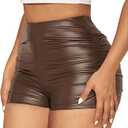 Milumia Women's Ruched Faux Leather Mini Shorts High Waist Sexy Going Out Rave Shorts (Large, Brown)