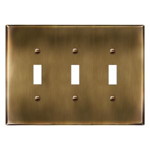 LIDER Toggle Light Switch Metal Wall Plate, Switch Cover, Corrosion Resistant, Mid-Size 3-Gang 4.88" x 6.77", LMWP-13M-AB, Steel, Plated Antique Brass, 1-Pack
