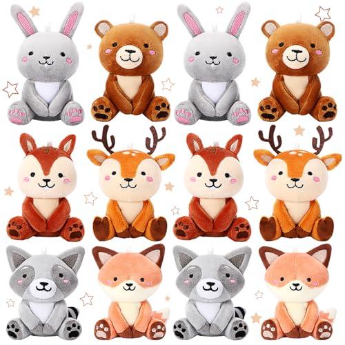 Suilung 12 Pcs Mini Woodland Stuffed Animals Bulk 4'' Woodland Animal Plush Toys Cute Bear Rabbit Raccoon Fox Deer for Baby Shower Party Centerpiece Birthday Gifts Classroom Prizes