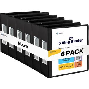 3 Inch Binder 3 Ring Binders Black, Slant D-Ring 3” Clear View Cover with 2 Inside Pockets, Heavy Duty Colored School Supplies Office and Home Binders, 6 Pack – by Enday