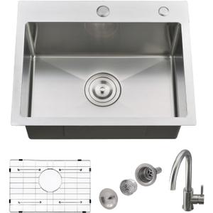 Drop In Kitchen Sink with Faucet Combo, 21 x 18 Inch Single Bowl Outdoor Kitchen Sink 18 Gauge Stainless Steel Handmade RV Wet Bar Prep (Brushed Nickel)