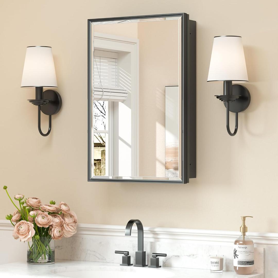 16" x 24" Bathroom Medicine Cabinet with Mirror, Black, Assembled