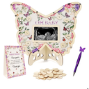 Butterfly Baby Shower Decorations,Purple A Little Butterfly Is On Her Way Baby Shower Guest Book Alternatives with Pen,Photo Frame and 60 Heart Wood Slices for 60 Guests,Gender Reveal Decorations