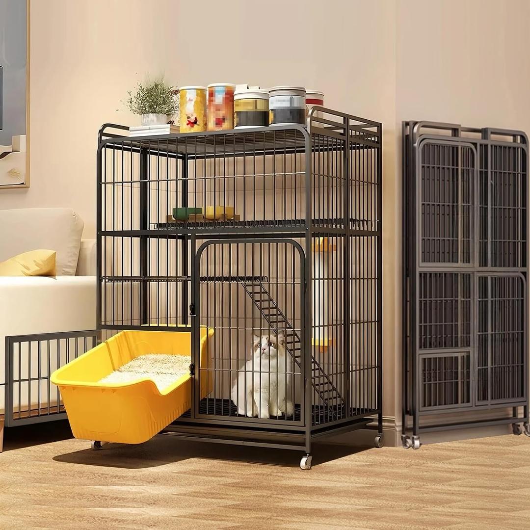 Multi-Tier Collapsible Cat Cage Crate, cat playpen for Indoor with 360 Wheels, Metal Wire Cat Kennel with Secure Lock, Large Ferret Playpen for Adult Cats Kitten Chinchilla (Black 3-Tier)
