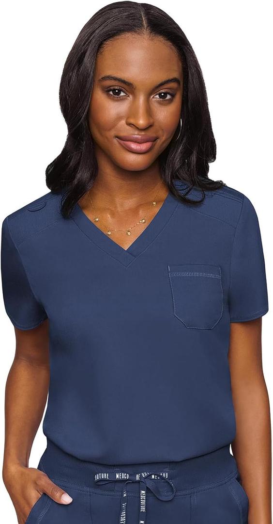 Med Couture Women's V-Neck Scrub Top, Modern Fit Tuck-in Top with Stretchy Rib-Knit Shoulders and Chest Pocket - MC7448