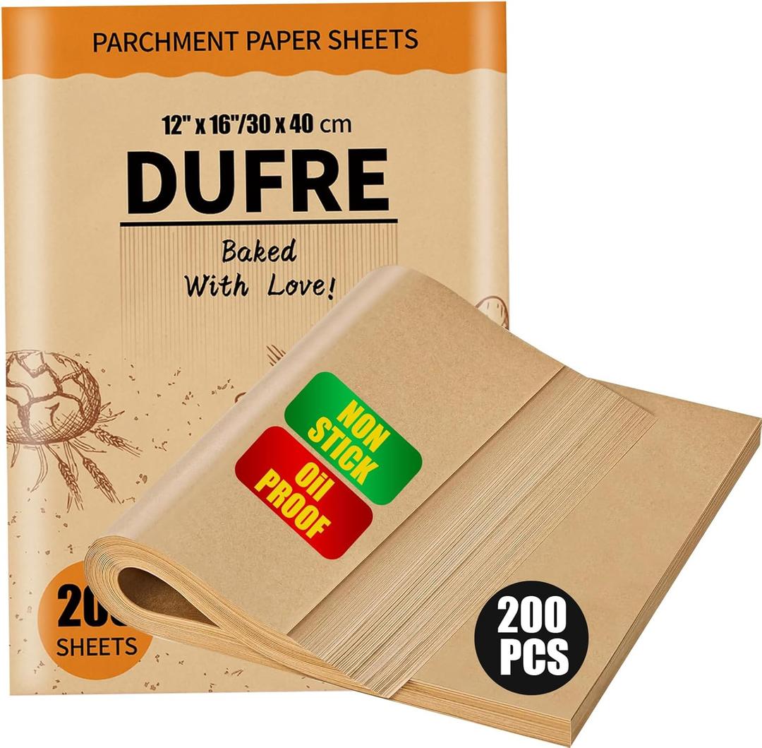 Dufre 200 Pcs Parchment Paper Sheets,12x16INCH Heavy Duty No-Stick No-Leak Unbleached Baking Paper Pre-cut for Air Fryer, Bakeware, Half Sheet Pans, Grilling, Oil-proof Parchment Sheets