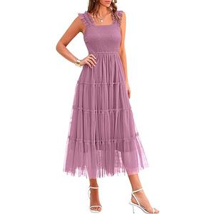 PRETTYGARDEN Women's Summer Tulle Midi Dress Sleeveless Smocked Ruffle Mesh Flowy Dresses Party Wedding Guest Sundress (Grey Purple, Medium)