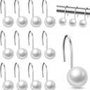 12 Pcs Shower Curtain Hooks Ivory Artifical Pearl Decorative Shower Curtain Rings Vintage Rustproof Cute Curtain Hooks for Country Farmhouse Bathroom Decor