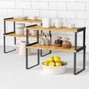 Kitchen Cabinet Organizer Shelf Set of 4, Stackable Pantry Cupboard Countertop Storage and Organizer, Desk Shelf Riser, Spice Plate Cup Expandable Storage Rack,(Black Bamboo) Large