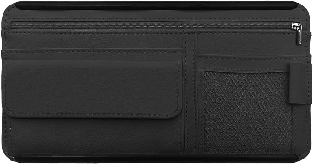 Car Sun Visor Storage Bag, Soft Leather Surface Organizer, Scratch-Resistant Auto Sunshade Organizer Bag, Can Store ID Card, Eyeglasses, Pen, Driving License etc (Black)