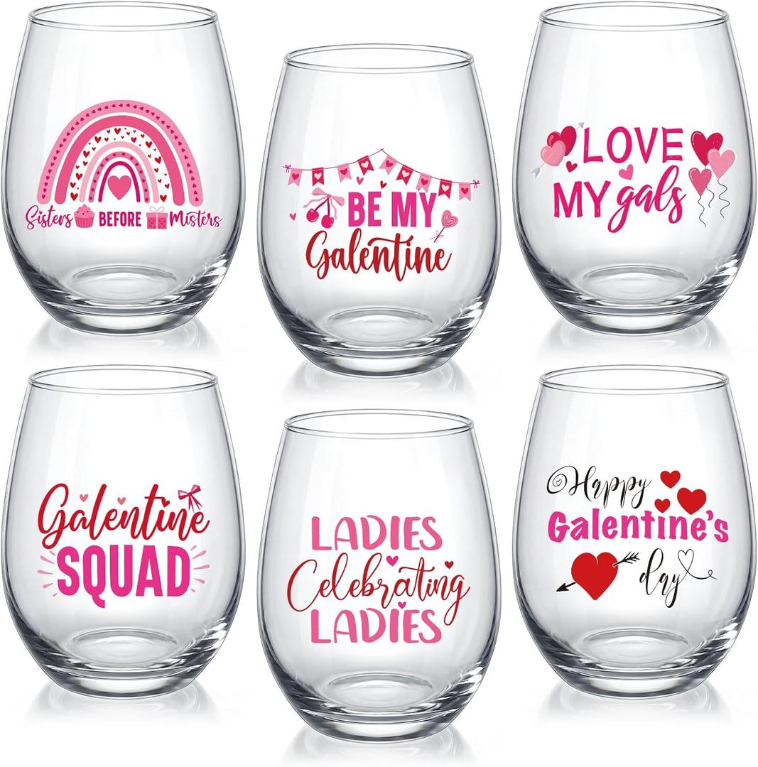 6 Pcs Galentine's Day Wine Glasses 12 oz Pink Heart Wine Glass Stemless Valentine's Day Cups Gifts Bulk for Women Friends Ladies Girls Night Galentine's Party Favors Decorations (Stylish)