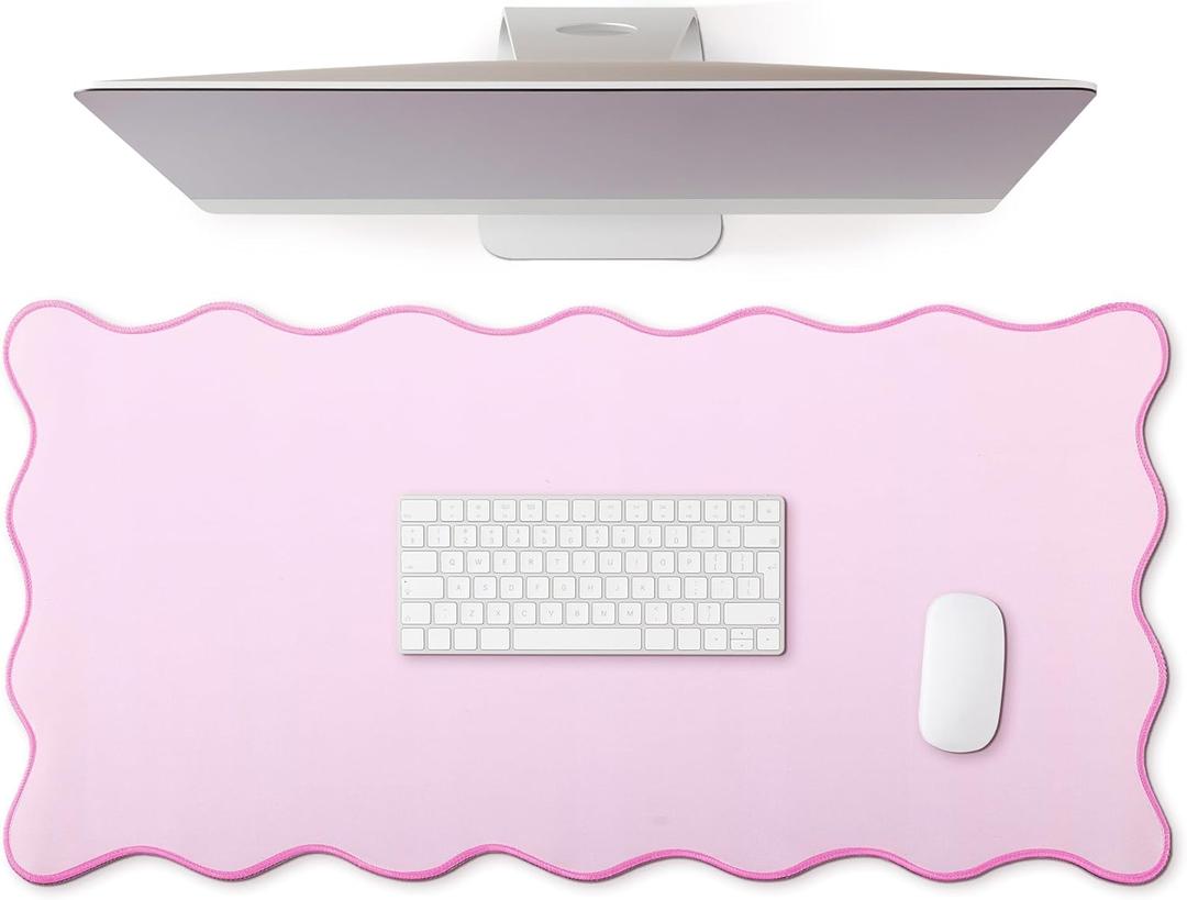 Scalloped Desk Mat Large Scalloped Piping Cute Desk Mat Aesthetic Preppy Table Pad Large Nonslip Pad with Edge Stitching Waterproof Gaming(Pink,31.5 x 15.75 Inches)