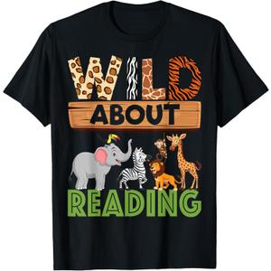 Wild About Reading Teacher Reading Books Back To School T-Shirt (Small, Black)