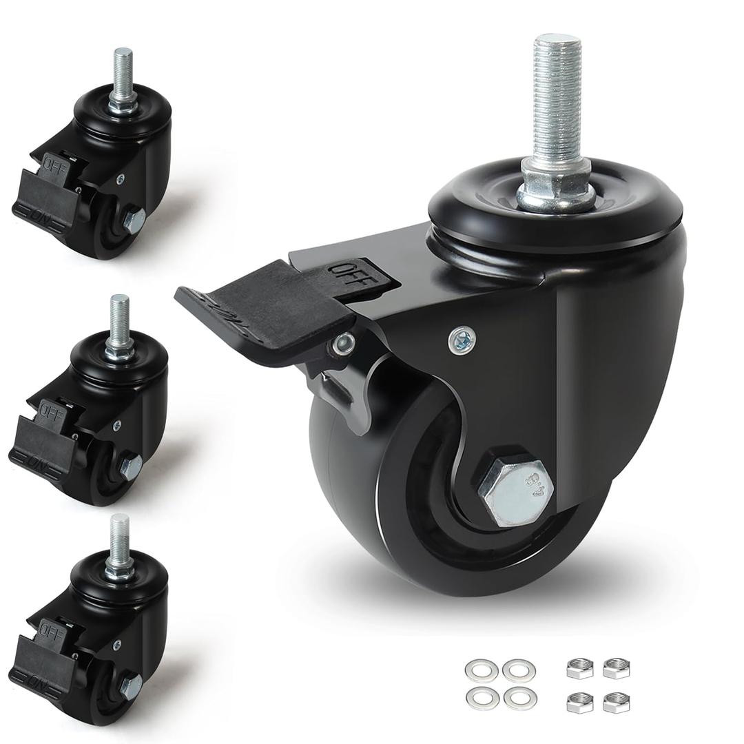 3 Inch Heavy Duty Threaded Stem Casters (1/2"-13 x 1) - 4400lbs Capacity Set of 4, Dual Locking Swivel Casters Wheels for CNC Machine, Industrial Workbench, Medical Carts and Workshop Toolboxes